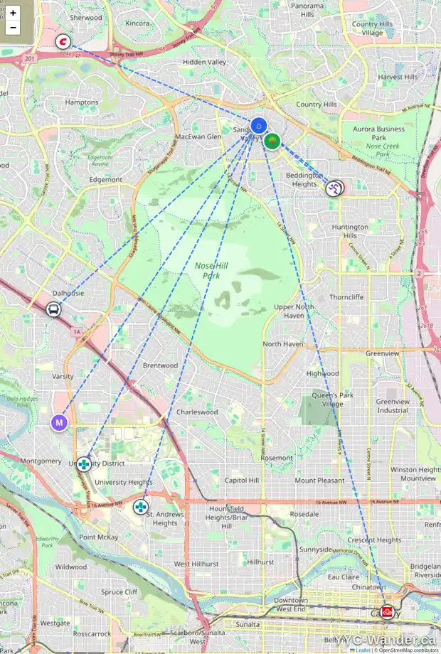 Daily accessibility map for 79 SANDPIPER WY NW, Calgary showing nearby schools, grocery stores, parks, LRT stations and nearby amenities
