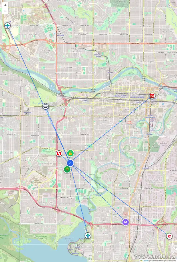 Daily accessibility map for 8 6 SCARPE DR SW, Calgary showing nearby schools, grocery stores, parks, LRT stations and nearby amenities
