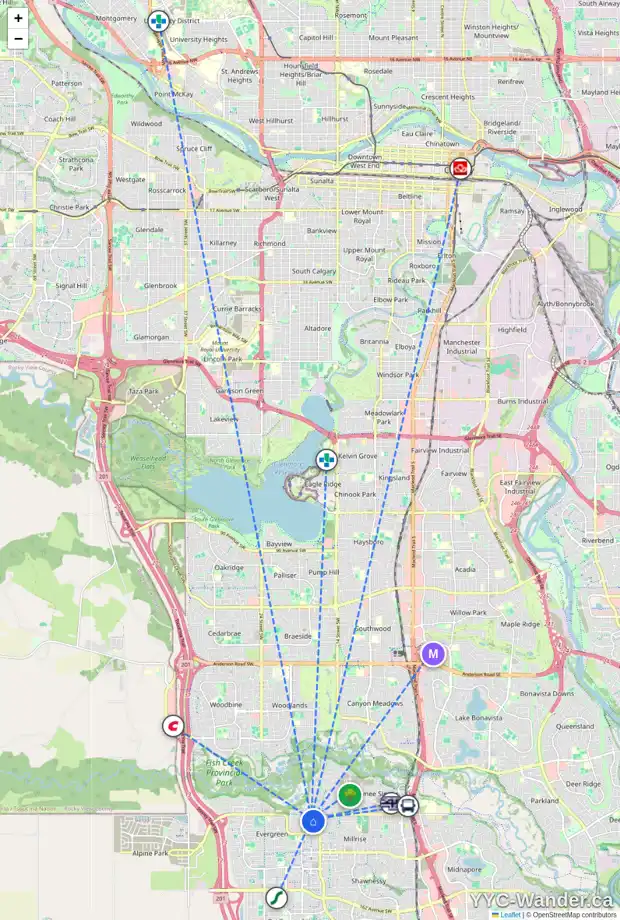 Daily accessibility map for 1830 EVERGREEN DR SW, Calgary showing nearby schools, grocery stores, parks, LRT stations and nearby amenities