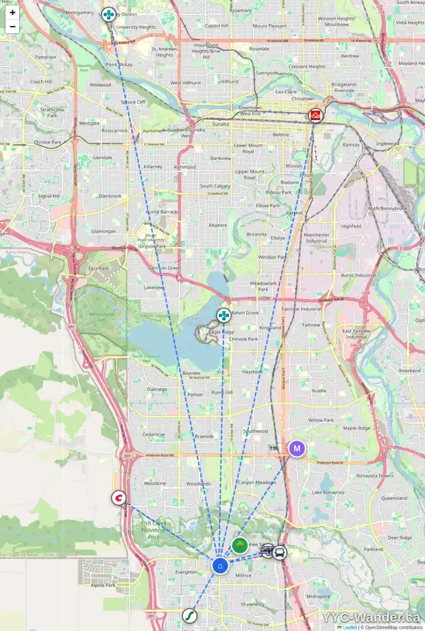 Daily accessibility map for 249 EVERGREEN PZ SW, Calgary showing nearby schools, grocery stores, parks, LRT stations and nearby amenities