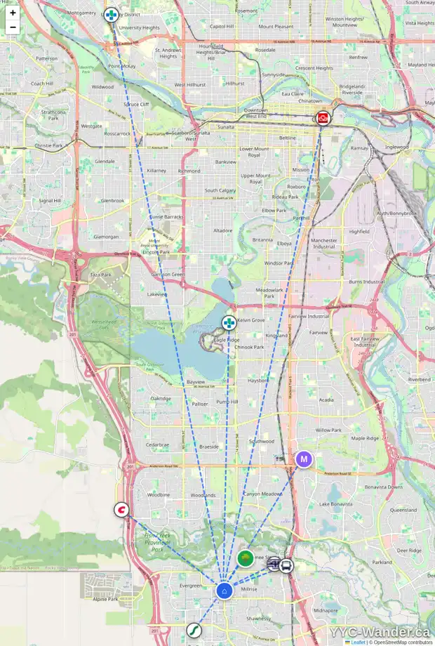 Daily accessibility map for 76 EVERWILLOW PA SW, Calgary showing nearby schools, grocery stores, parks, LRT stations and nearby amenities