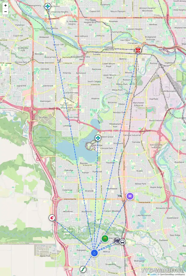 Daily accessibility map for 128 EVERWILLOW PA SW, Calgary showing nearby schools, grocery stores, parks, LRT stations and nearby amenities