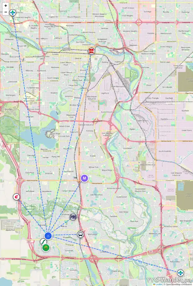 Daily accessibility map for 321 EVERSYDE CI SW, Calgary showing nearby schools, grocery stores, parks, LRT stations and nearby amenities