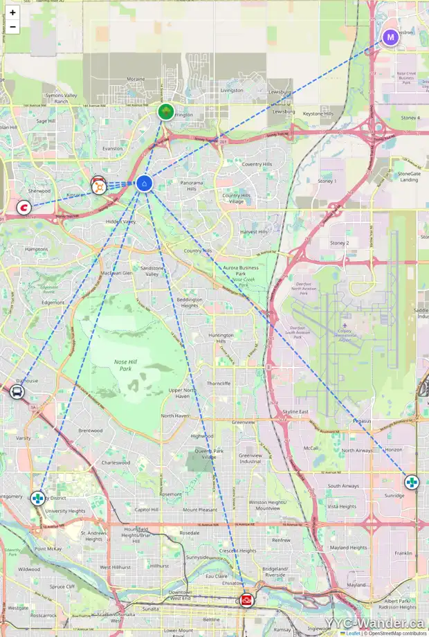 Daily accessibility map for 363 HIDDEN CREEK BV NW, Calgary showing nearby schools, grocery stores, parks, LRT stations and nearby amenities