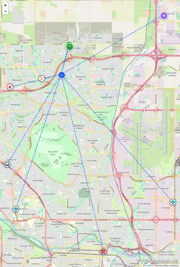 Daily accessibility map for 416 HIDDEN CREEK BV NW, Calgary showing nearby schools, grocery stores, parks, LRT stations and nearby amenities