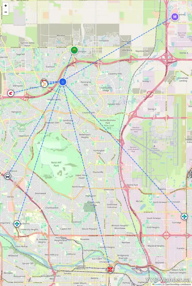 Daily accessibility map for 17 PANTEGO RD NW, Calgary showing nearby schools, grocery stores, parks, LRT stations and nearby amenities