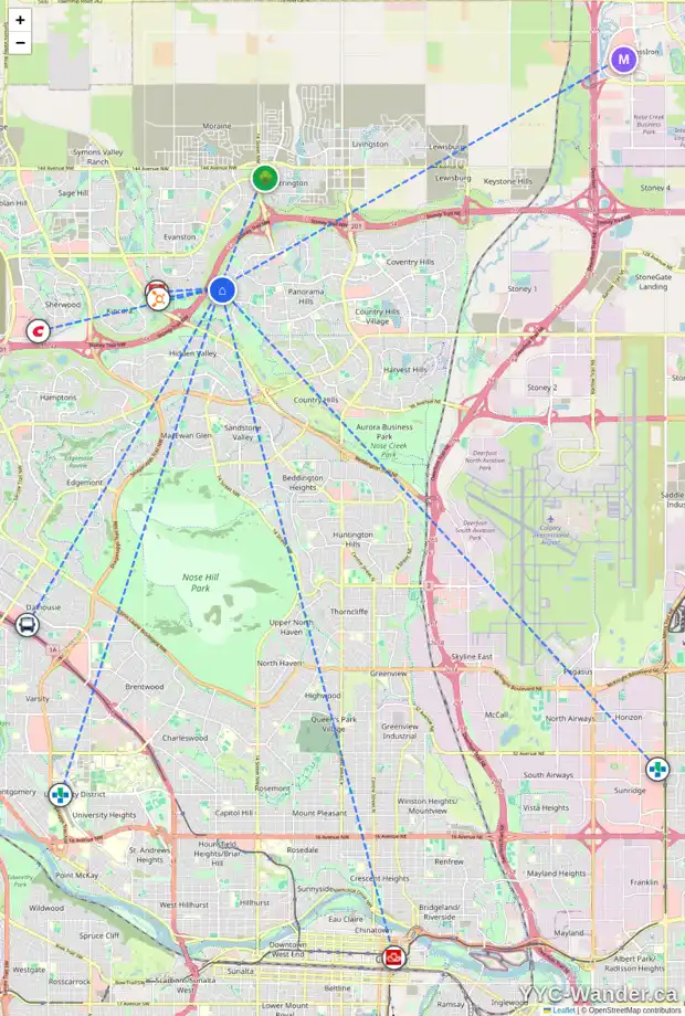 Daily accessibility map for 25 PANTEGO RD NW, Calgary showing nearby schools, grocery stores, parks, LRT stations and nearby amenities