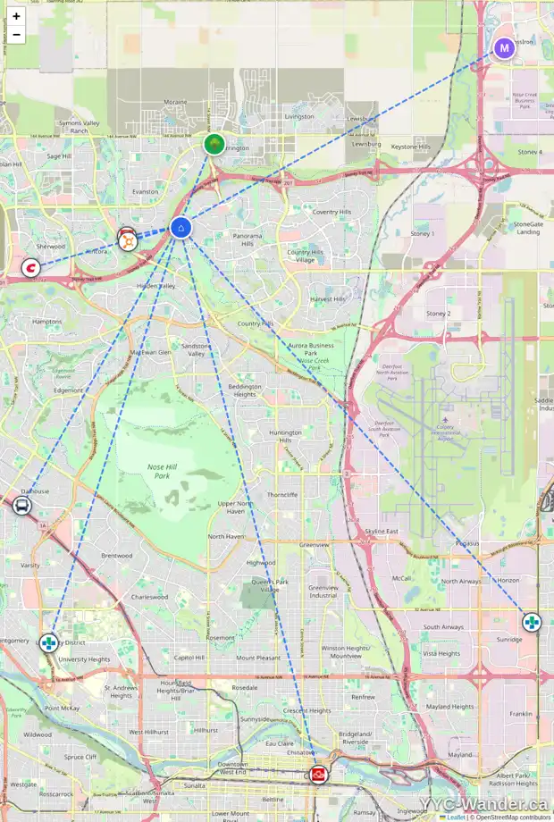 Daily accessibility map for 73 PANTEGO RD NW, Calgary showing nearby schools, grocery stores, parks, LRT stations and nearby amenities