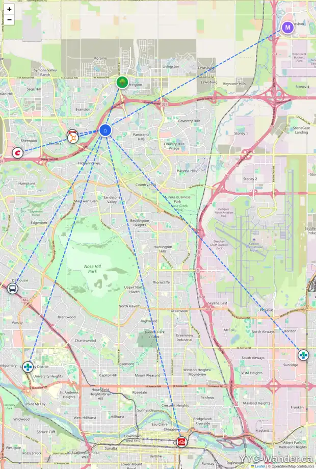 Daily accessibility map for 104 PANTEGO RI NW, Calgary showing nearby schools, grocery stores, parks, LRT stations and nearby amenities