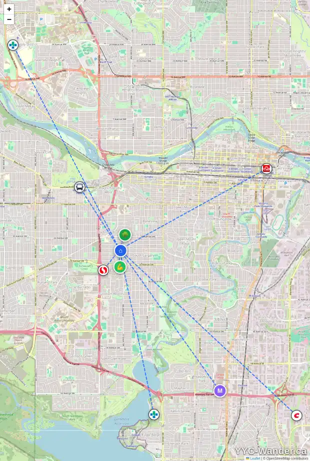 Daily accessibility map for 2117 29 AV SW, Calgary showing nearby schools, grocery stores, parks, LRT stations and nearby amenities