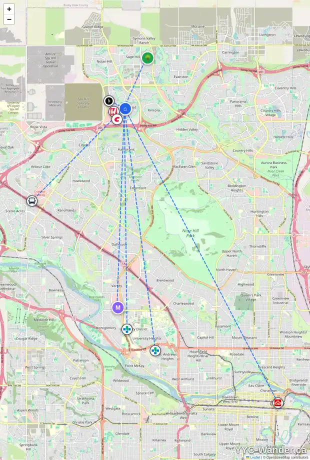 Daily accessibility map for 32 SHERWOOD CI NW, Calgary showing nearby schools, grocery stores, parks, LRT stations and nearby amenities
