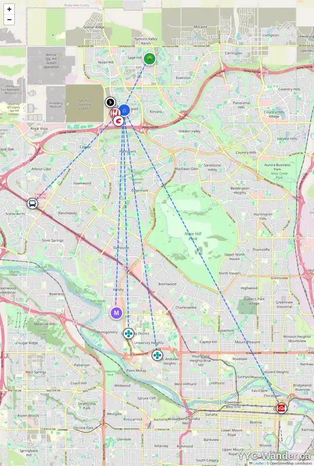 Daily accessibility map for 27 SHERWOOD GV NW, Calgary showing nearby schools, grocery stores, parks, LRT stations and nearby amenities