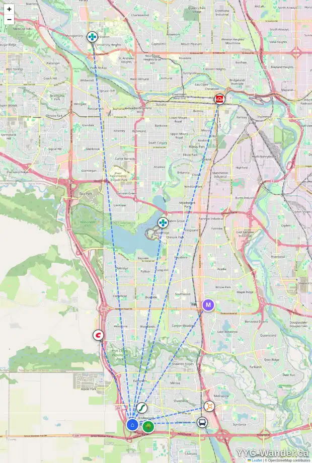 Daily accessibility map for 76 BRIDLE ESTATES RD SW, Calgary showing nearby schools, grocery stores, parks, LRT stations and nearby amenities