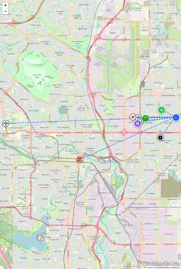 Daily accessibility map for 6712 29 AV NE, Calgary showing nearby schools, grocery stores, parks, LRT stations and nearby amenities