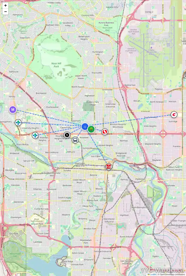 Daily accessibility map for 907 22 AV NW, Calgary showing nearby schools, grocery stores, parks, LRT stations and nearby amenities
