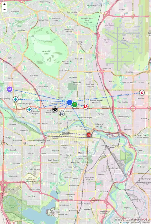 Daily accessibility map for 905 22 AV NW, Calgary showing nearby schools, grocery stores, parks, LRT stations and nearby amenities
