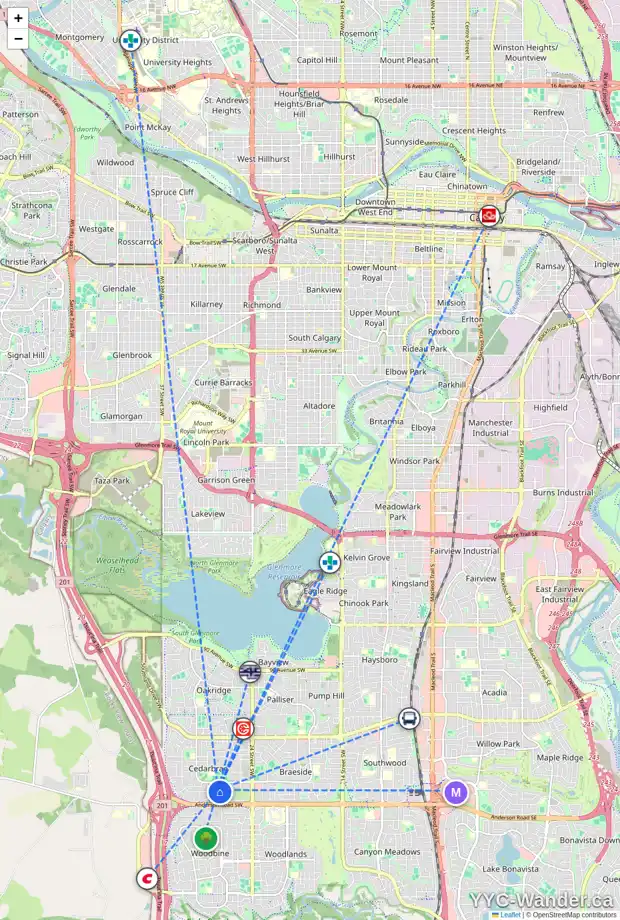 Daily accessibility map for 71 CEDARWOOD LN SW, Calgary showing nearby schools, grocery stores, parks, LRT stations and nearby amenities