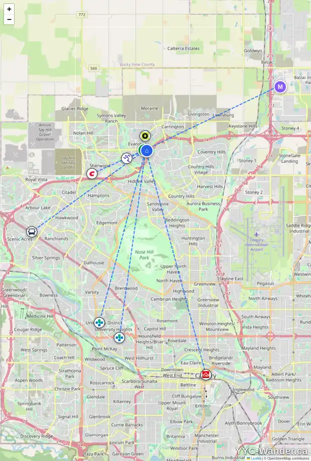 Daily accessibility map for 2 EVANSFORD GV NW, Calgary showing nearby schools, grocery stores, parks, LRT stations and nearby amenities