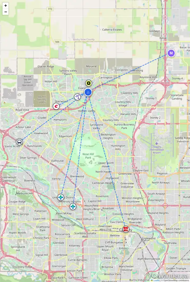 Daily accessibility map for 58 EVANSFORD GV NW, Calgary showing nearby schools, grocery stores, parks, LRT stations and nearby amenities