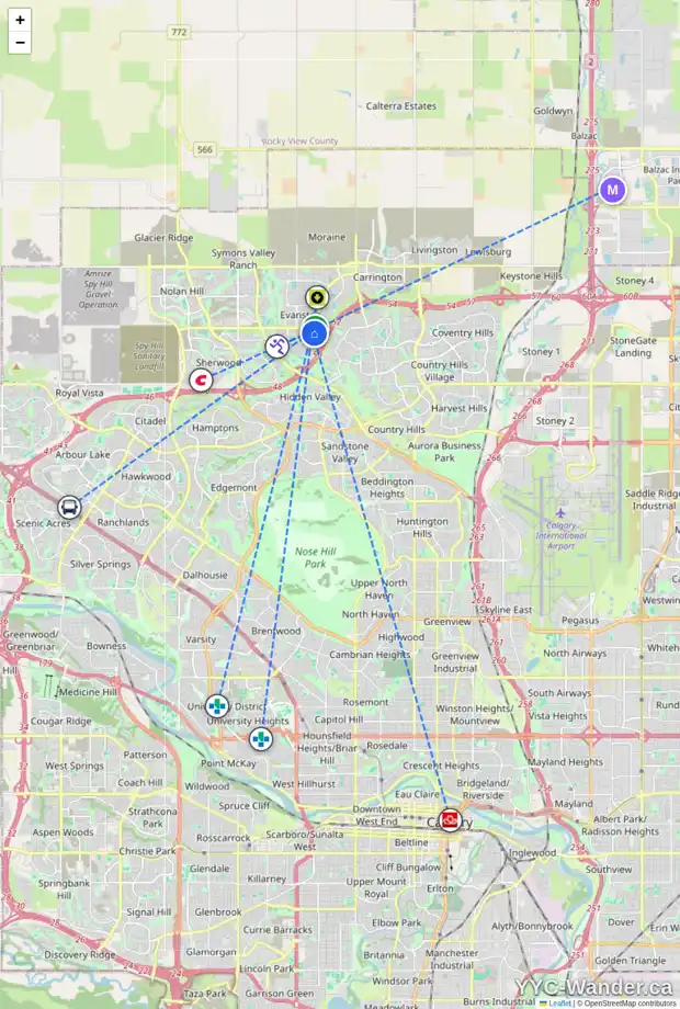 Daily accessibility map for 106 EVANSFORD GV NW, Calgary showing nearby schools, grocery stores, parks, LRT stations and nearby amenities