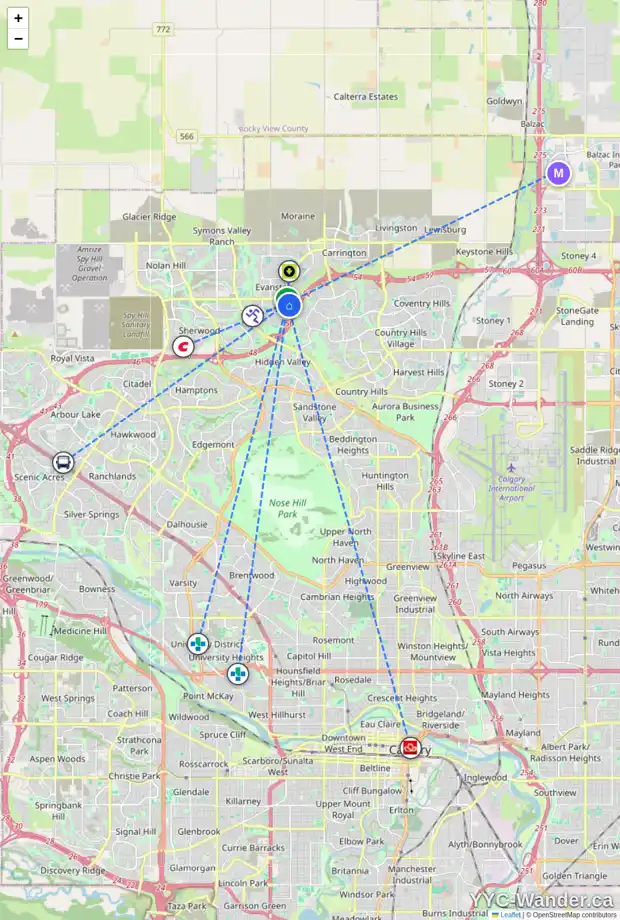 Daily accessibility map for 31 EVANSFORD RD NW, Calgary showing nearby schools, grocery stores, parks, LRT stations and nearby amenities