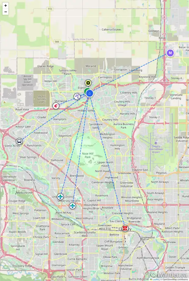 Daily accessibility map for 75 EVANSFORD RD NW, Calgary showing nearby schools, grocery stores, parks, LRT stations and nearby amenities