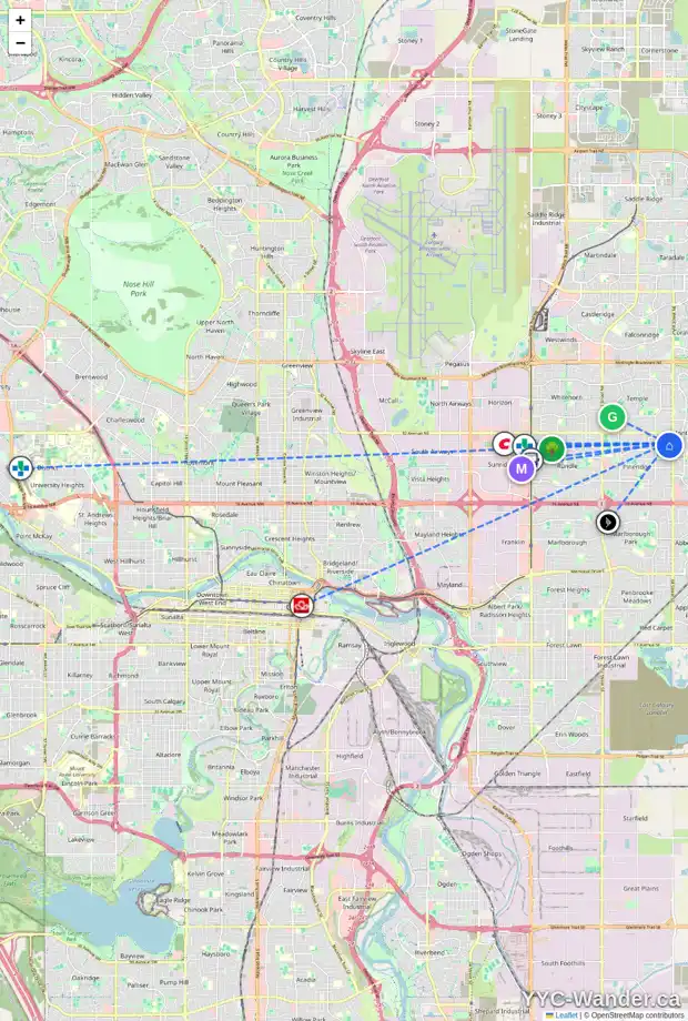 Daily accessibility map for 111 PINECLIFF WY NE, Calgary showing nearby schools, grocery stores, parks, LRT stations and nearby amenities