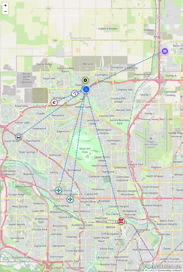 Daily accessibility map for 112 EVANSFORD RD NW, Calgary showing nearby schools, grocery stores, parks, LRT stations and nearby amenities