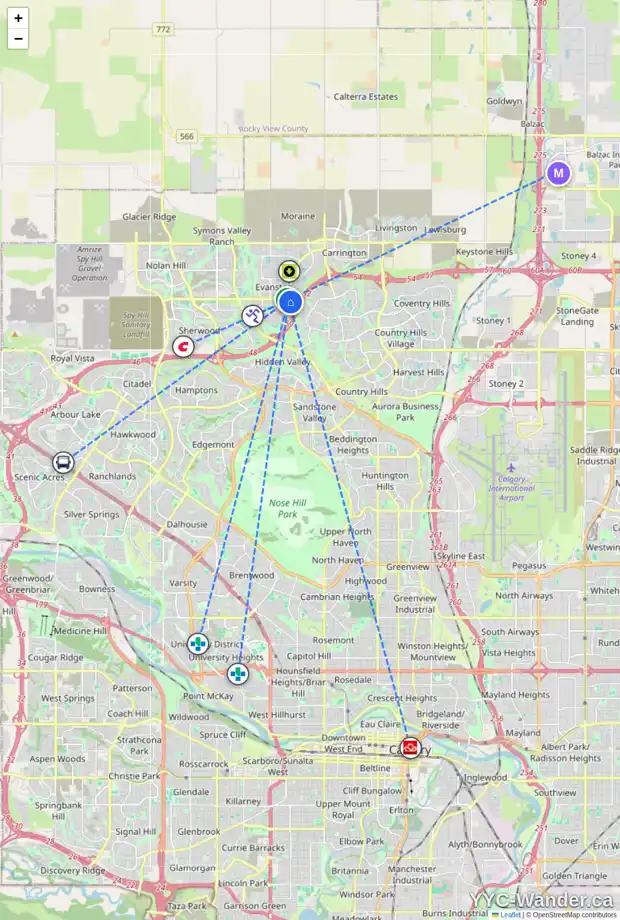Daily accessibility map for 21 EVANSFORD GV NW, Calgary showing nearby schools, grocery stores, parks, LRT stations and nearby amenities