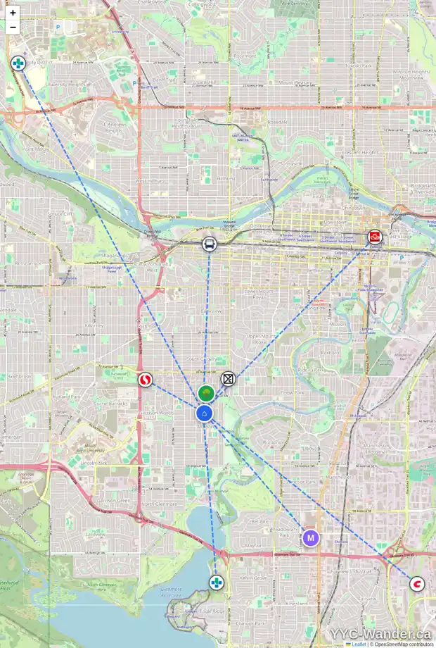 Daily accessibility map for 4116 16A ST SW, Calgary showing nearby schools, grocery stores, parks, LRT stations and nearby amenities