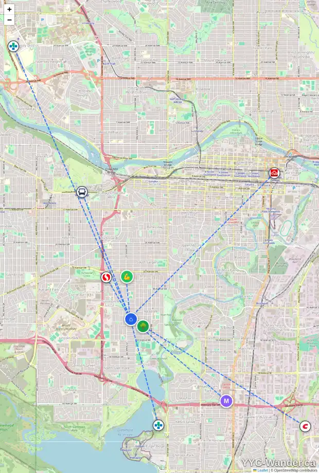 Daily accessibility map for 2030 45 AV SW, Calgary showing nearby schools, grocery stores, parks, LRT stations and nearby amenities