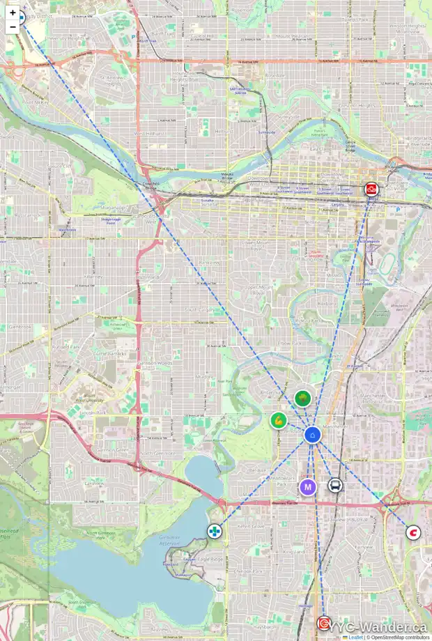 Daily accessibility map for 421 53 AV SW, Calgary showing nearby schools, grocery stores, parks, LRT stations and nearby amenities