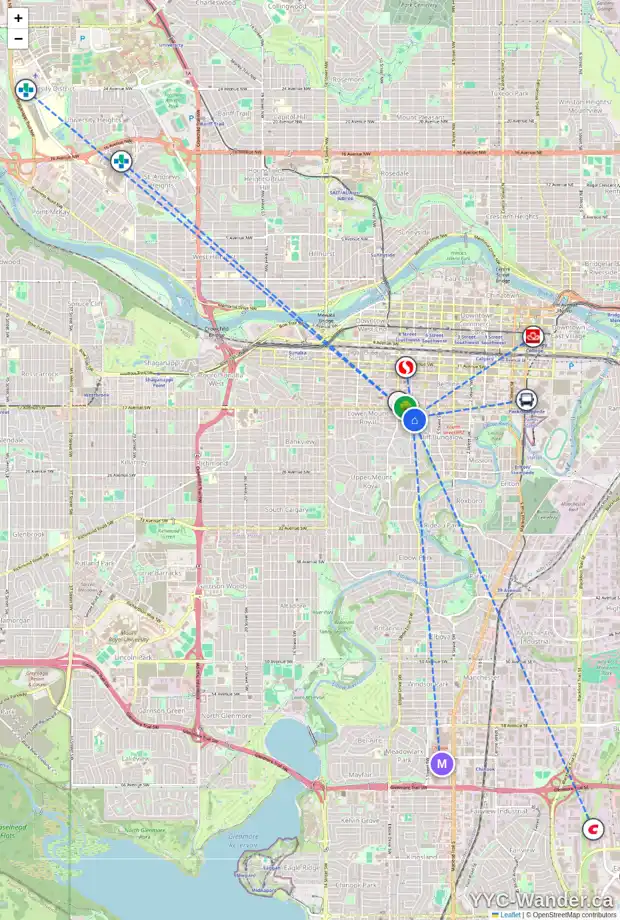 Daily accessibility map for 1732A 7 ST SW, Calgary showing nearby schools, grocery stores, parks, LRT stations and nearby amenities
