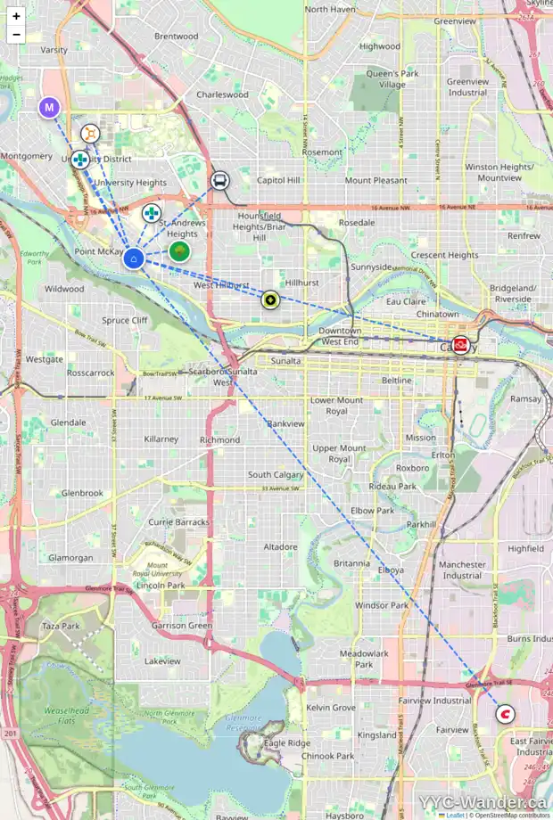 Daily accessibility map for 4 529 34 ST NW, Calgary showing nearby schools, grocery stores, parks, LRT stations and nearby amenities