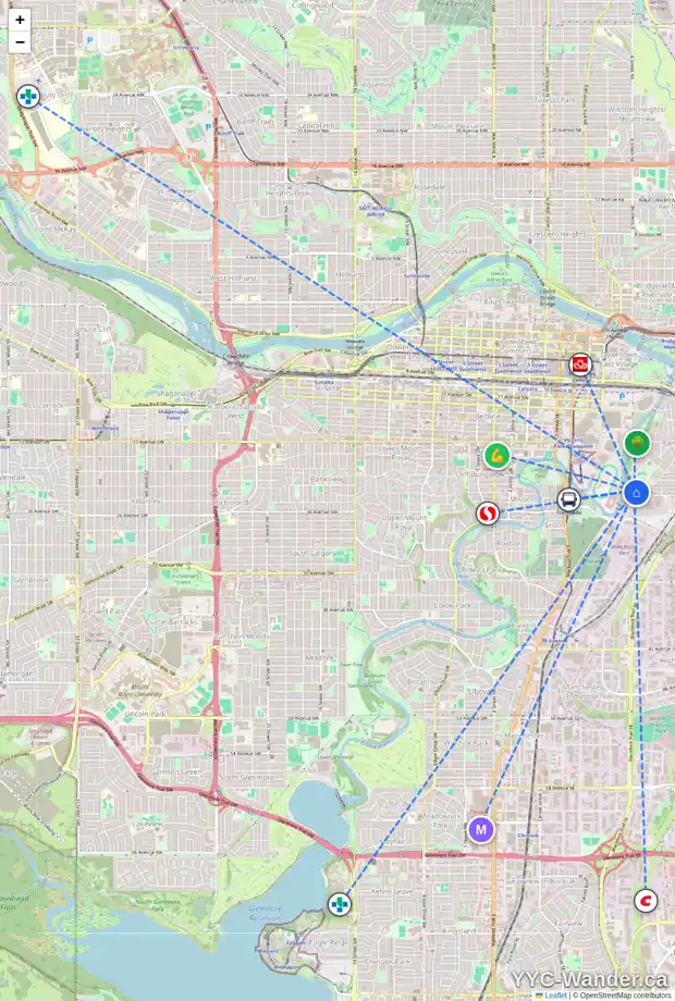 Daily accessibility map for 2328 6 ST SE, Calgary showing nearby schools, grocery stores, parks, LRT stations and nearby amenities