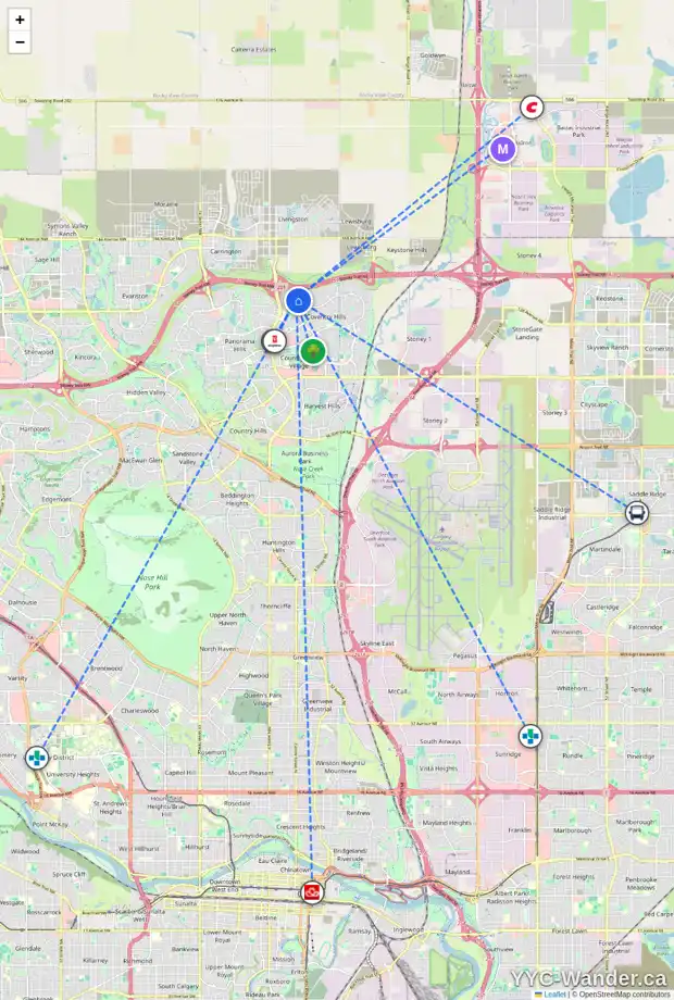 Daily accessibility map for 224 COVEMEADOW CL NE, Calgary showing nearby schools, grocery stores, parks, LRT stations and nearby amenities