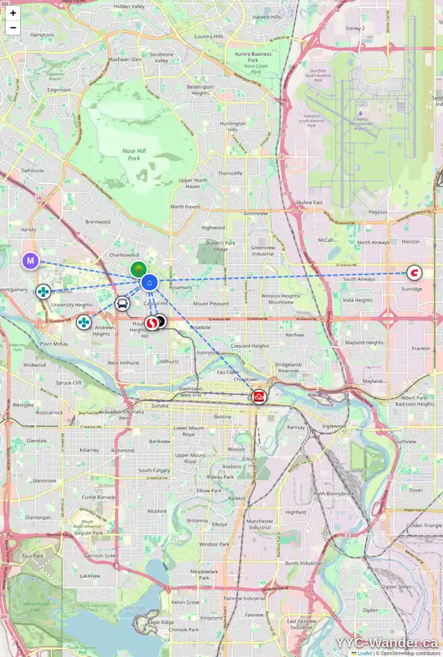 Daily accessibility map for 2812 18 ST NW, Calgary showing nearby schools, grocery stores, parks, LRT stations and nearby amenities