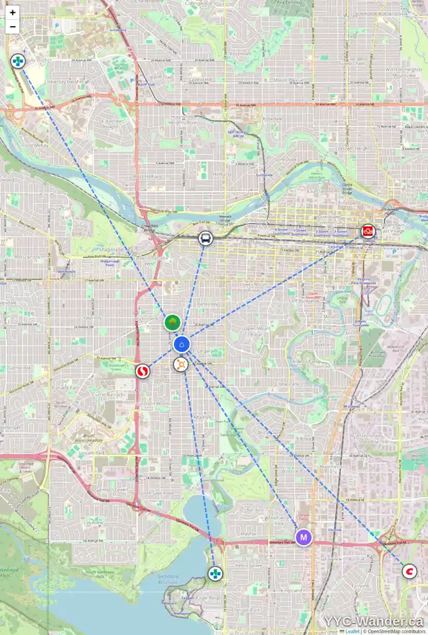 Daily accessibility map for 1937 29 AV SW, Calgary showing nearby schools, grocery stores, parks, LRT stations and nearby amenities