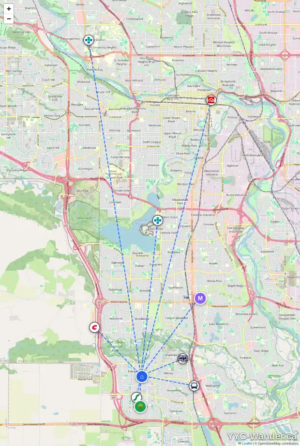 Daily accessibility map for 122 EVERSYDE CL SW, Calgary showing nearby schools, grocery stores, parks, LRT stations and nearby amenities