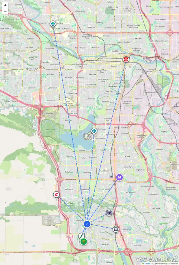 Daily accessibility map for 218 EVERSYDE CL SW, Calgary showing nearby schools, grocery stores, parks, LRT stations and nearby amenities