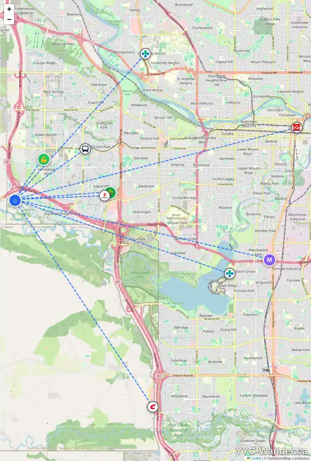 Daily accessibility map for 80 DISCOVERY RIDGE CI SW, Calgary showing nearby schools, grocery stores, parks, LRT stations and nearby amenities