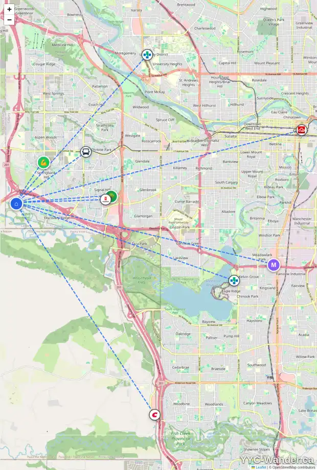 Daily accessibility map for 63 DISCOVERY RIDGE CI SW, Calgary showing nearby schools, grocery stores, parks, LRT stations and nearby amenities