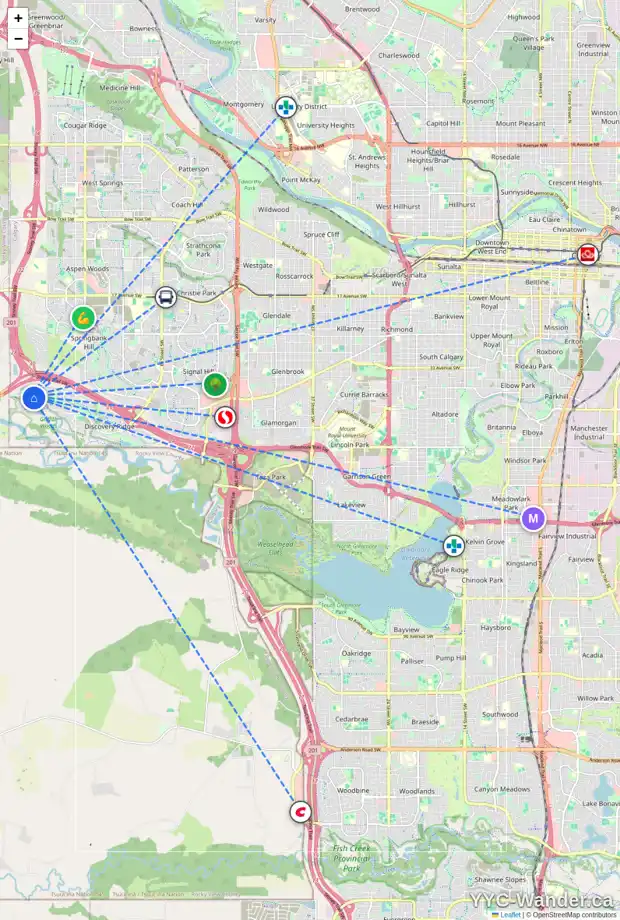 Daily accessibility map for 430 DISCOVERY RIDGE BV SW, Calgary showing nearby schools, grocery stores, parks, LRT stations and nearby amenities