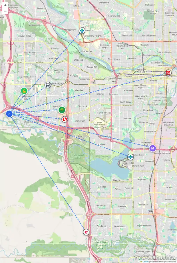 Daily accessibility map for 442 DISCOVERY RIDGE BV SW, Calgary showing nearby schools, grocery stores, parks, LRT stations and nearby amenities