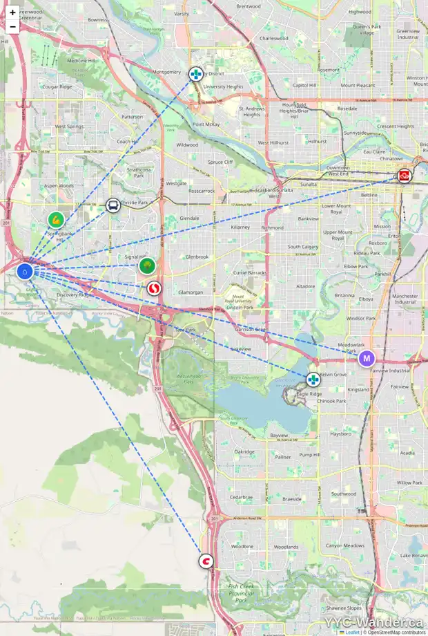 Daily accessibility map for 218 DISCOVERY RIDGE BA SW, Calgary showing nearby schools, grocery stores, parks, LRT stations and nearby amenities