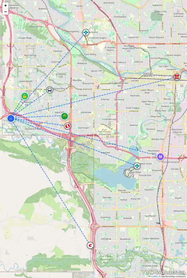 Daily accessibility map for 222 DISCOVERY RIDGE BA SW, Calgary showing nearby schools, grocery stores, parks, LRT stations and nearby amenities