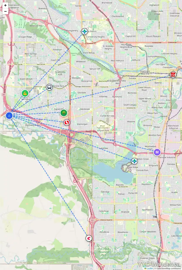 Daily accessibility map for 319 DISCOVERY RIDGE BA SW, Calgary showing nearby schools, grocery stores, parks, LRT stations and nearby amenities