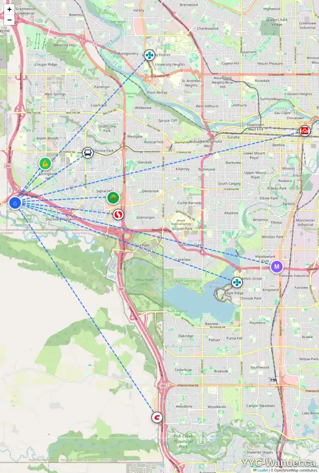 Daily accessibility map for 481 DISCOVERY RIDGE BV SW, Calgary showing nearby schools, grocery stores, parks, LRT stations and nearby amenities