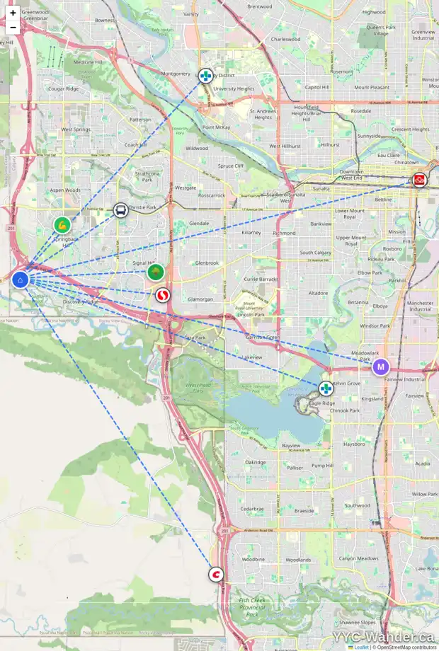 Daily accessibility map for 485 DISCOVERY RIDGE BV SW, Calgary showing nearby schools, grocery stores, parks, LRT stations and nearby amenities