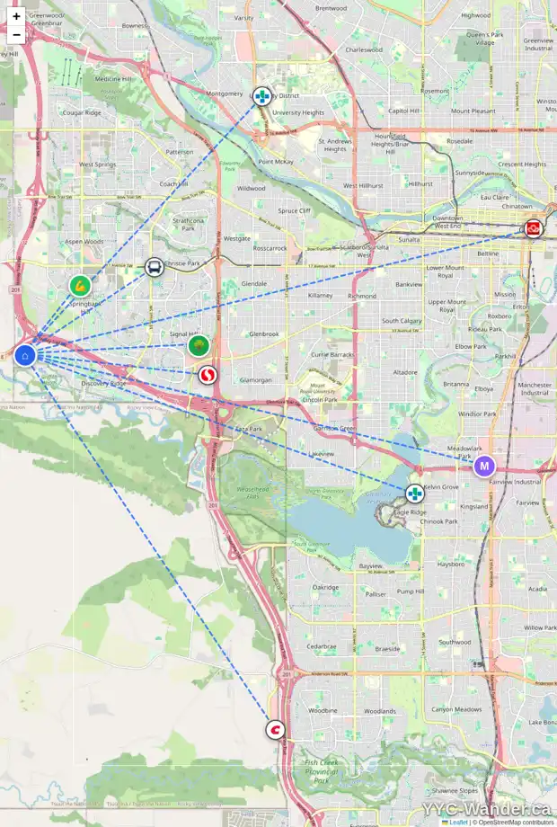Daily accessibility map for 501 DISCOVERY RIDGE BV SW, Calgary showing nearby schools, grocery stores, parks, LRT stations and nearby amenities